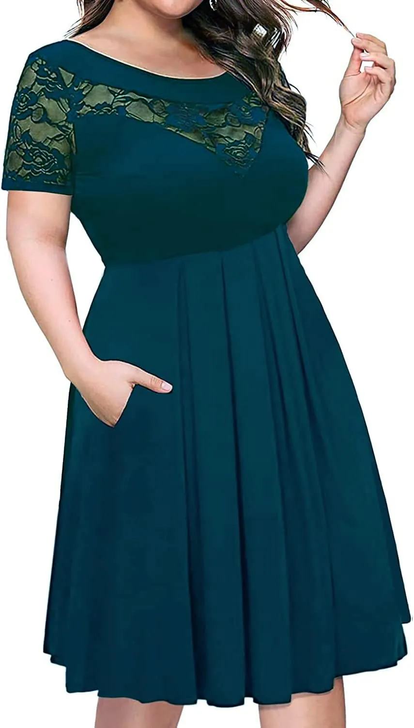 Women's Plus Size Short Sleeve Lace Midi Dress Pleated Casual Summer Flowy Dress with Pockets