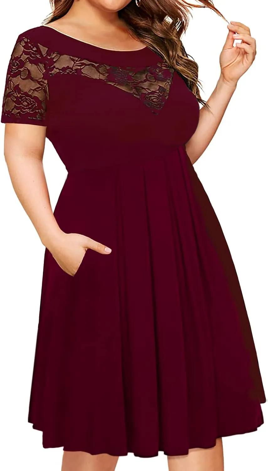 Women's Plus Size Short Sleeve Lace Midi Dress Pleated Casual Summer Flowy Dress with Pockets
