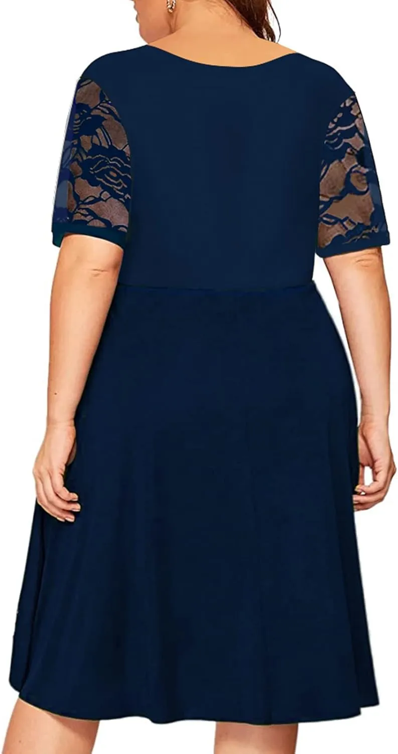 Women's Plus Size Short Sleeve Lace Midi Dress Pleated Casual Summer Flowy Dress with Pockets