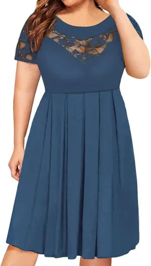 Women's Plus Size Short Sleeve Lace Midi Dress Pleated Casual Summer Flowy Dress with Pockets