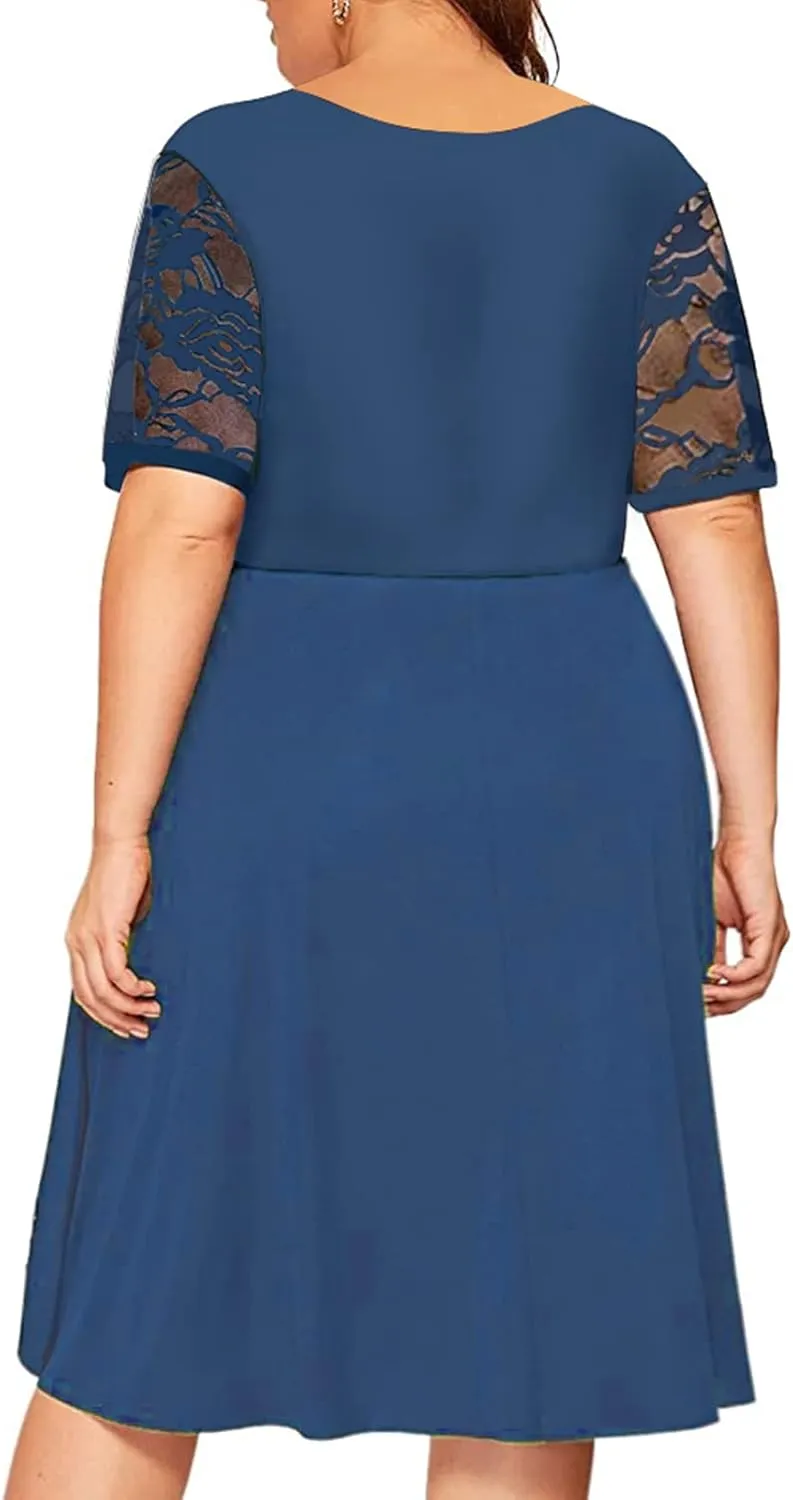 Women's Plus Size Short Sleeve Lace Midi Dress Pleated Casual Summer Flowy Dress with Pockets