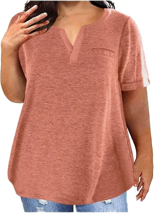 Women's Plus Size Summer Tops Short Sleeve Casual Shirt Vacation Basic Tees Loose Fit V Neck T Shirts Dressy Blouses