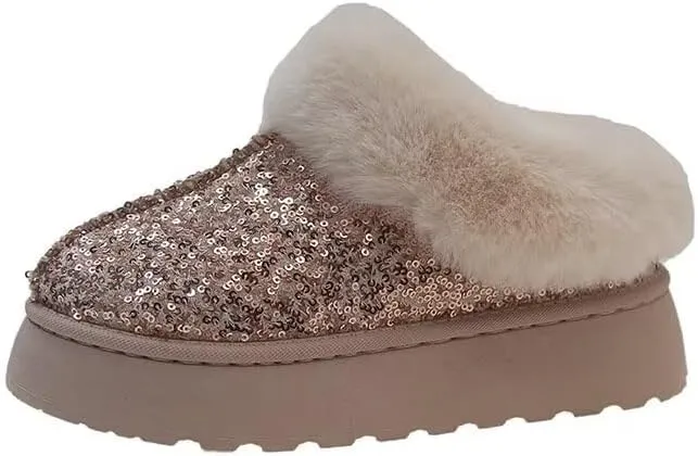 Womens Plush Cuddle Slides - Thick Bottom Shoes for Indoor, Outdoor & Snow Boots