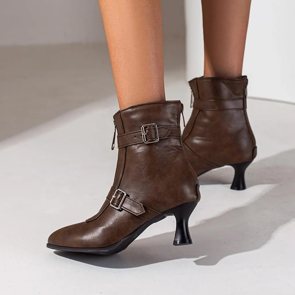 Women's Pointed Toe Kitten Low Heels Ankle Booties Buckle Zipper Winter Elegant Dressy Short Boots