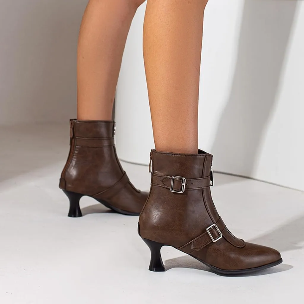 Women's Pointed Toe Kitten Low Heels Ankle Booties Buckle Zipper Winter Elegant Dressy Short Boots