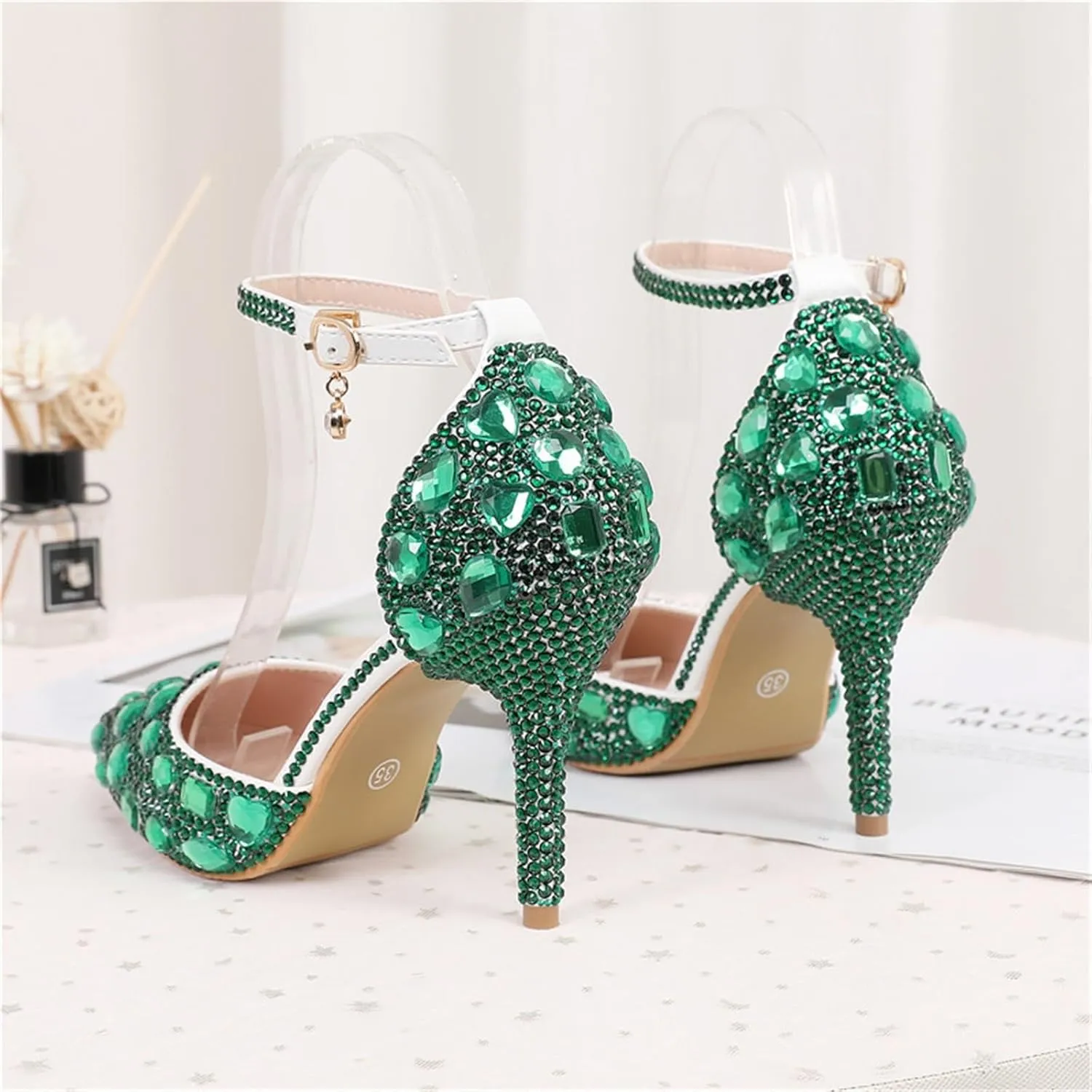Women's Pointed Toe Rhinestone Stiletto Heel Sexy Sparkly Crystal Satin Ankle Strap Heeled Sandals Wedding Bridal Party Dress Shoes