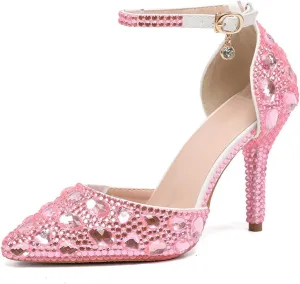Women's Pointed Toe Rhinestone Stiletto Heel Sexy Sparkly Crystal Satin Ankle Strap Heeled Sandals Wedding Bridal Party Dress Shoes