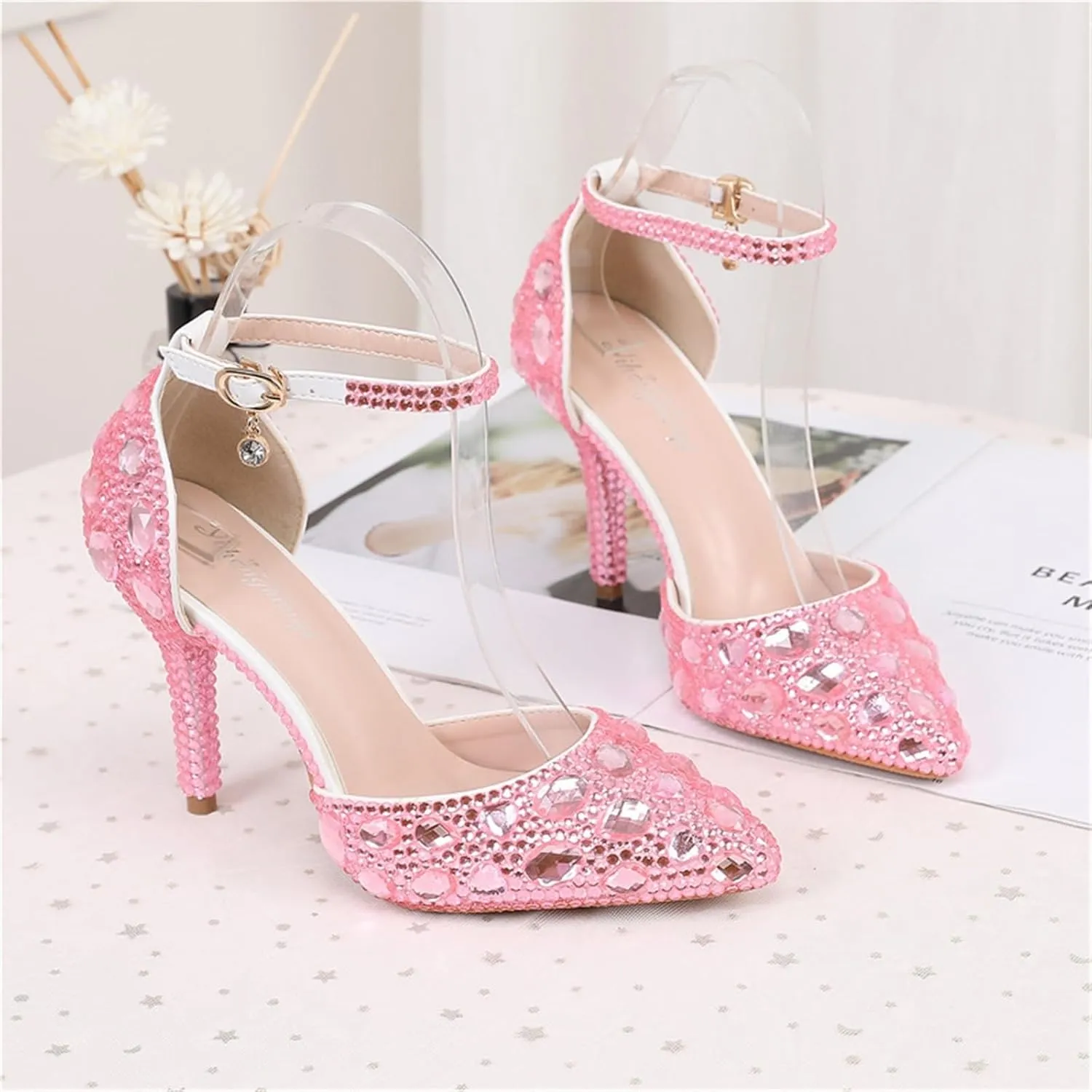 Women's Pointed Toe Rhinestone Stiletto Heel Sexy Sparkly Crystal Satin Ankle Strap Heeled Sandals Wedding Bridal Party Dress Shoes