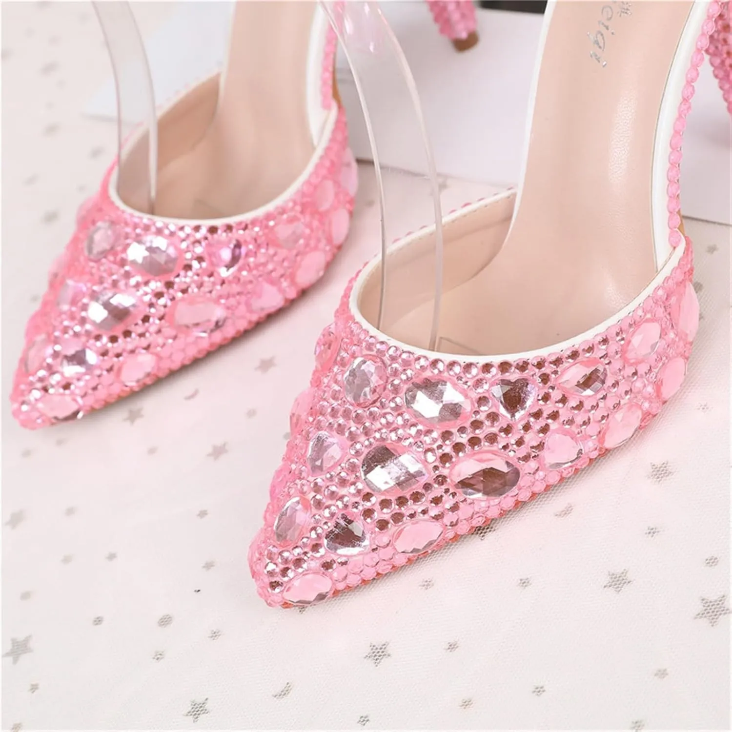 Women's Pointed Toe Rhinestone Stiletto Heel Sexy Sparkly Crystal Satin Ankle Strap Heeled Sandals Wedding Bridal Party Dress Shoes