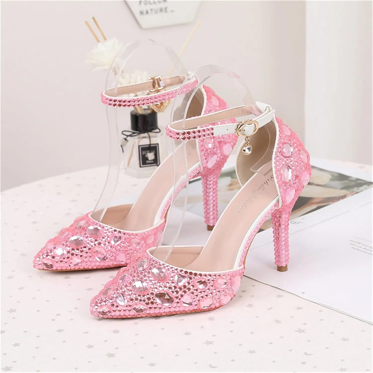 Women's Pointed Toe Rhinestone Stiletto Heel Sexy Sparkly Crystal Satin Ankle Strap Heeled Sandals Wedding Bridal Party Dress Shoes