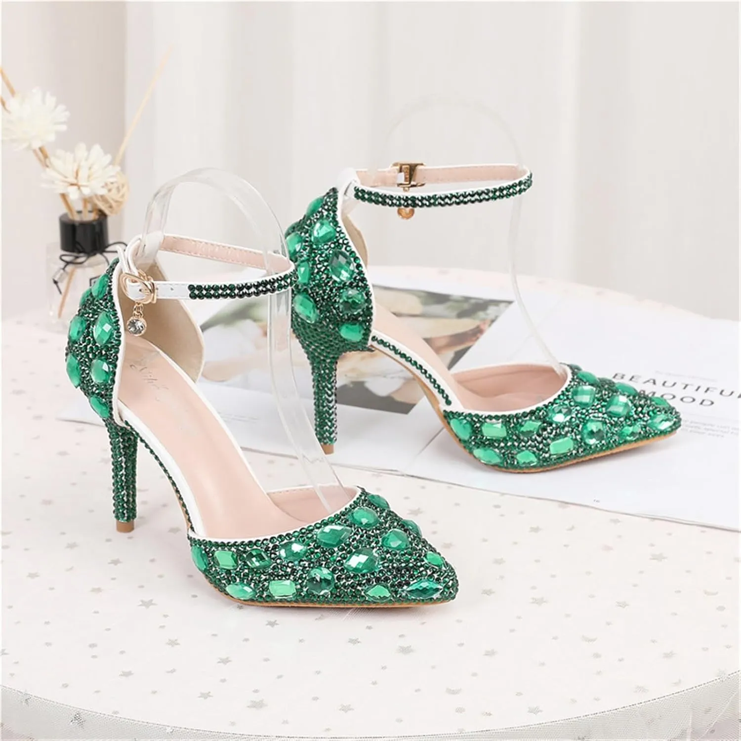 Women's Pointed Toe Rhinestone Stiletto Heel Sexy Sparkly Crystal Satin Ankle Strap Heeled Sandals Wedding Bridal Party Dress Shoes