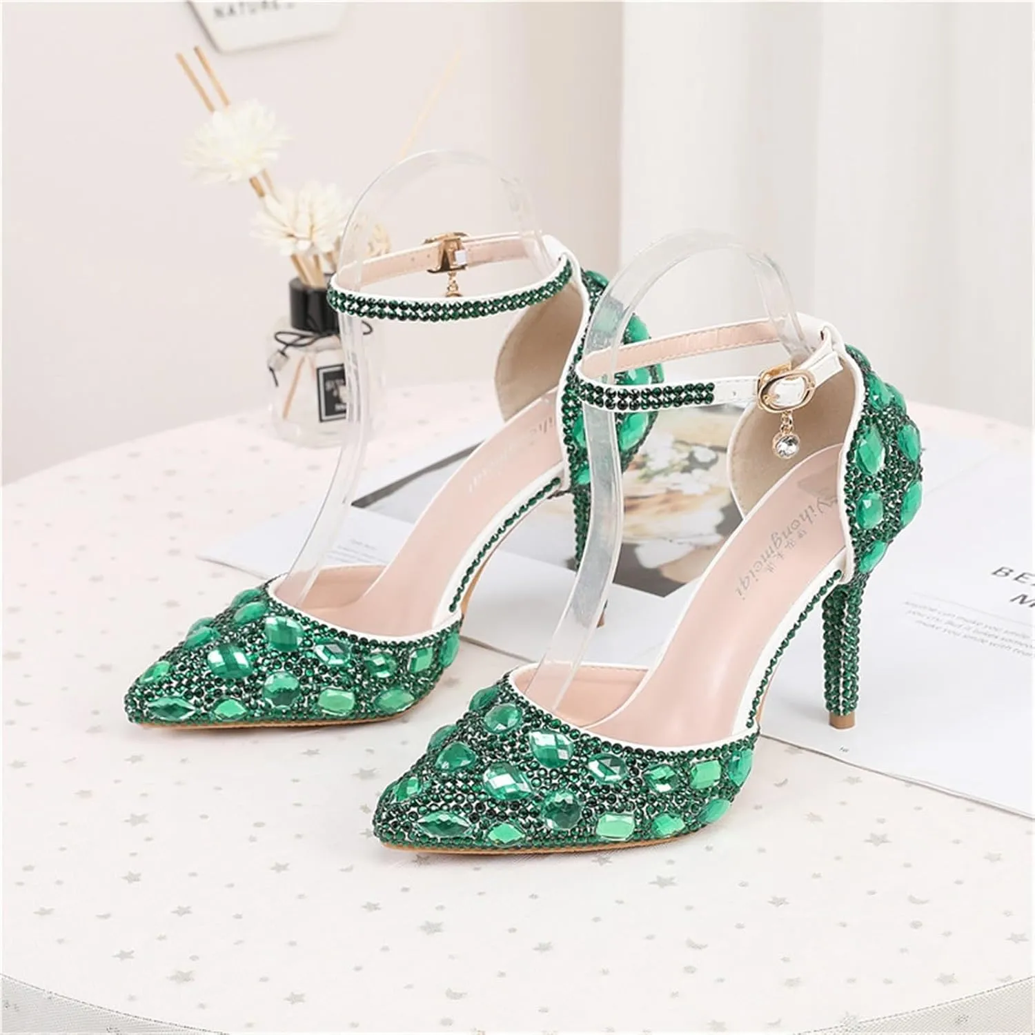 Women's Pointed Toe Rhinestone Stiletto Heel Sexy Sparkly Crystal Satin Ankle Strap Heeled Sandals Wedding Bridal Party Dress Shoes