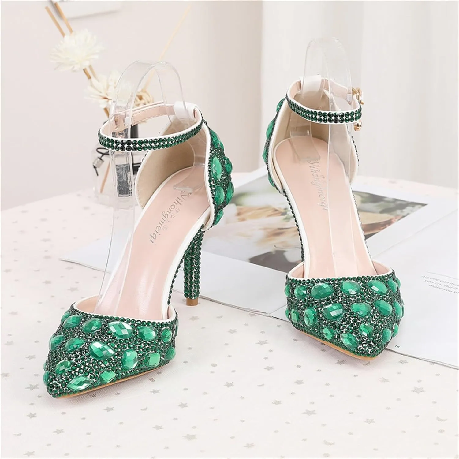 Women's Pointed Toe Rhinestone Stiletto Heel Sexy Sparkly Crystal Satin Ankle Strap Heeled Sandals Wedding Bridal Party Dress Shoes