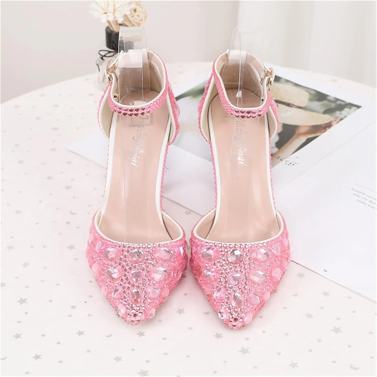 Women's Pointed Toe Rhinestone Stiletto Heel Sexy Sparkly Crystal Satin Ankle Strap Heeled Sandals Wedding Bridal Party Dress Shoes