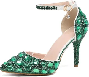 Women's Pointed Toe Rhinestone Stiletto Heel Sexy Sparkly Crystal Satin Ankle Strap Heeled Sandals Wedding Bridal Party Dress Shoes