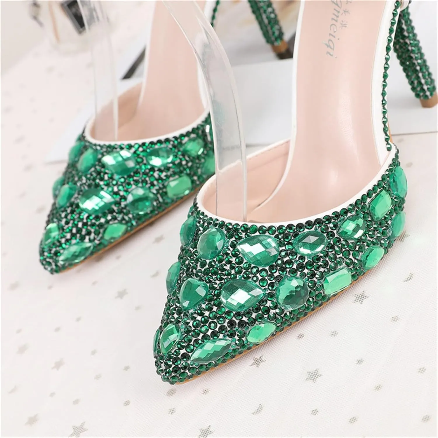 Women's Pointed Toe Rhinestone Stiletto Heel Sexy Sparkly Crystal Satin Ankle Strap Heeled Sandals Wedding Bridal Party Dress Shoes