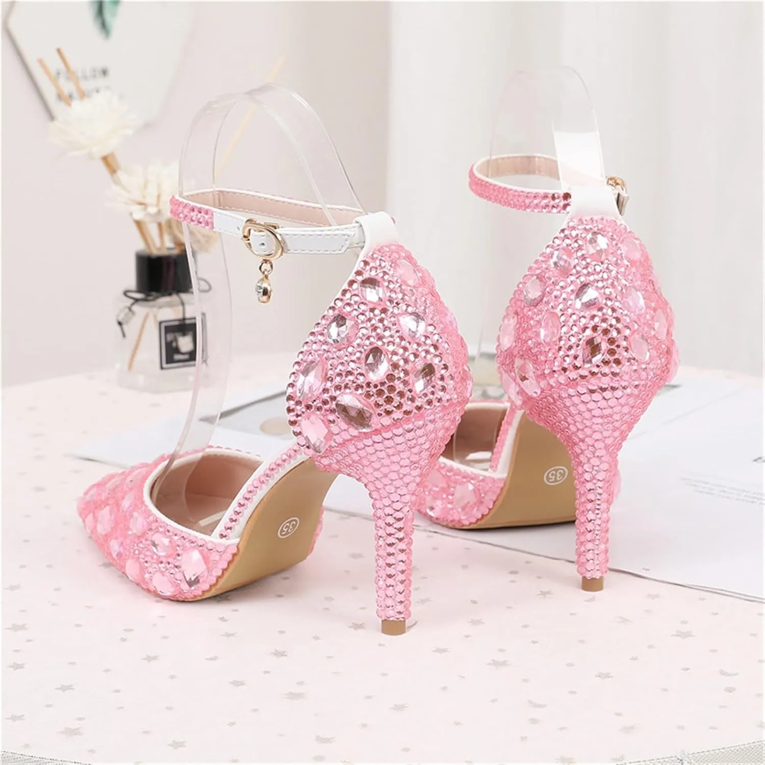 Women's Pointed Toe Rhinestone Stiletto Heel Sexy Sparkly Crystal Satin Ankle Strap Heeled Sandals Wedding Bridal Party Dress Shoes