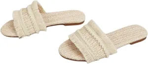 Women's Raffia Sandals Straw Woven Flats Fringe Crochet Nonslip Comfy Beach Slides for Summer