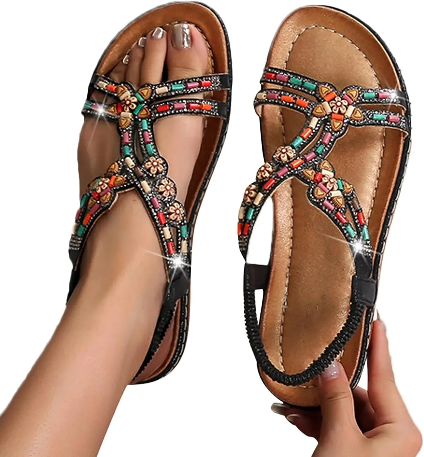 Women's Rhinestone Beads Casual Sandals Summer Flat Sandals Platform Beach Shoes