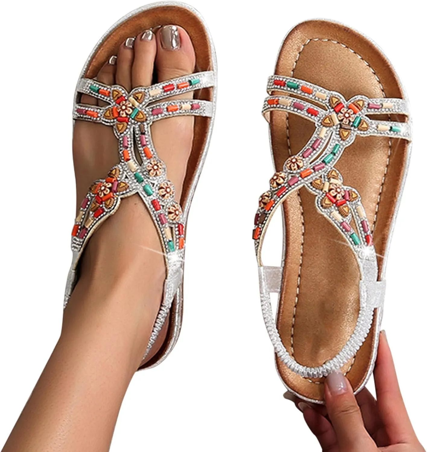 Women's Rhinestone Beads Casual Sandals Summer Flat Sandals Platform Beach Shoes