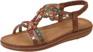 Women's Rhinestone Beads Casual Sandals Summer Flat Sandals Platform Beach Shoes