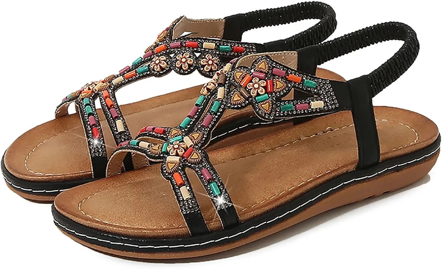 Women's Rhinestone Beads Casual Sandals Summer Flat Sandals Platform Beach Shoes