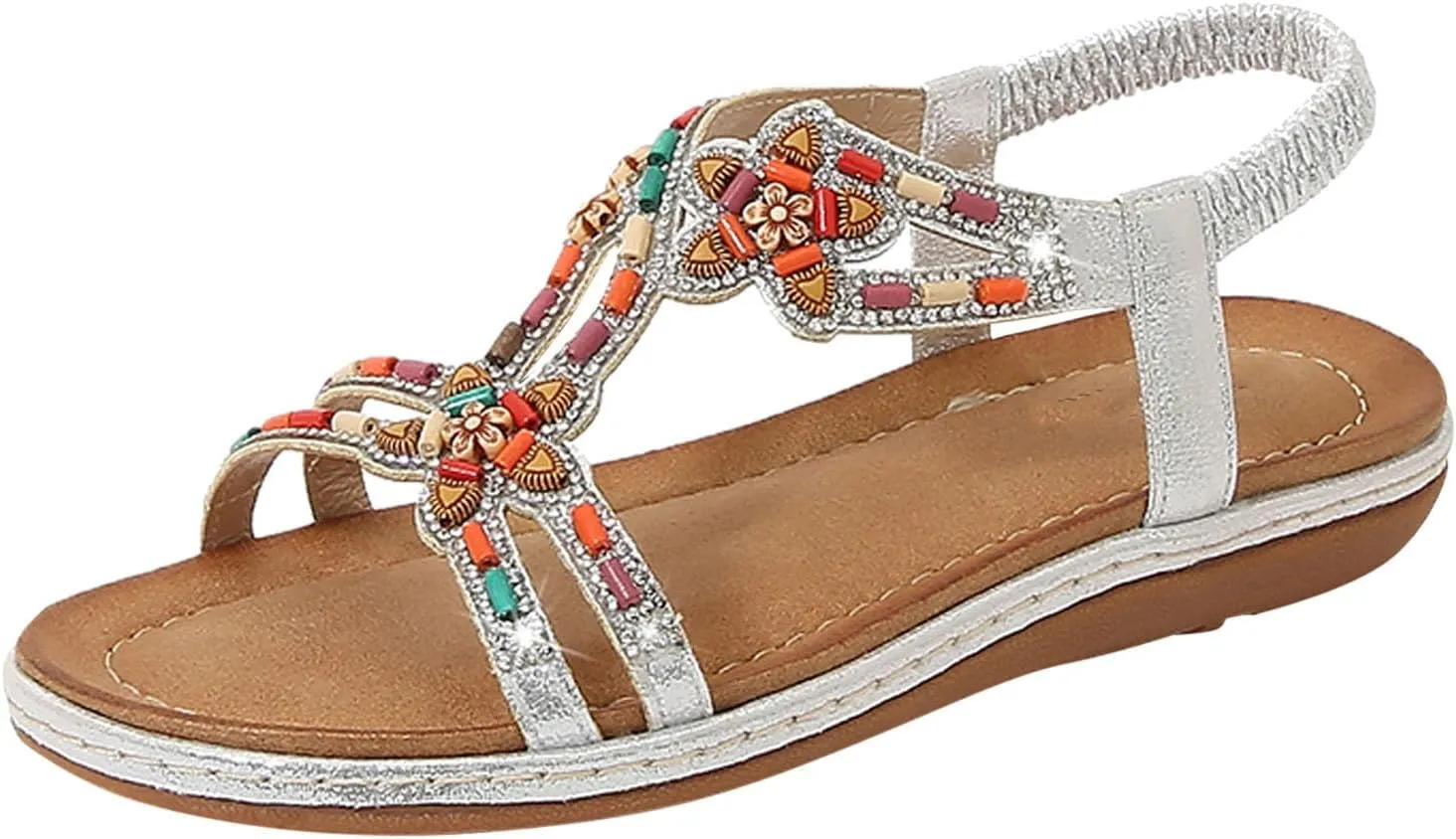 Women's Rhinestone Beads Casual Sandals Summer Flat Sandals Platform Beach Shoes