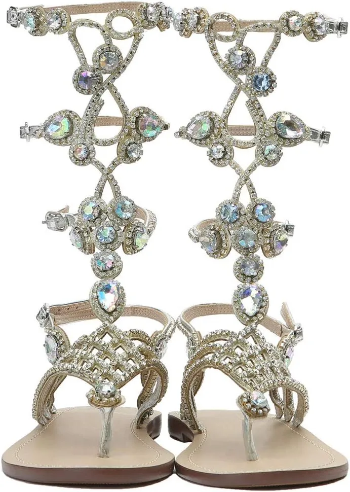 Women's Rhinestone Gladiator Sandals Stylish Flats for Summer Beach Weddings