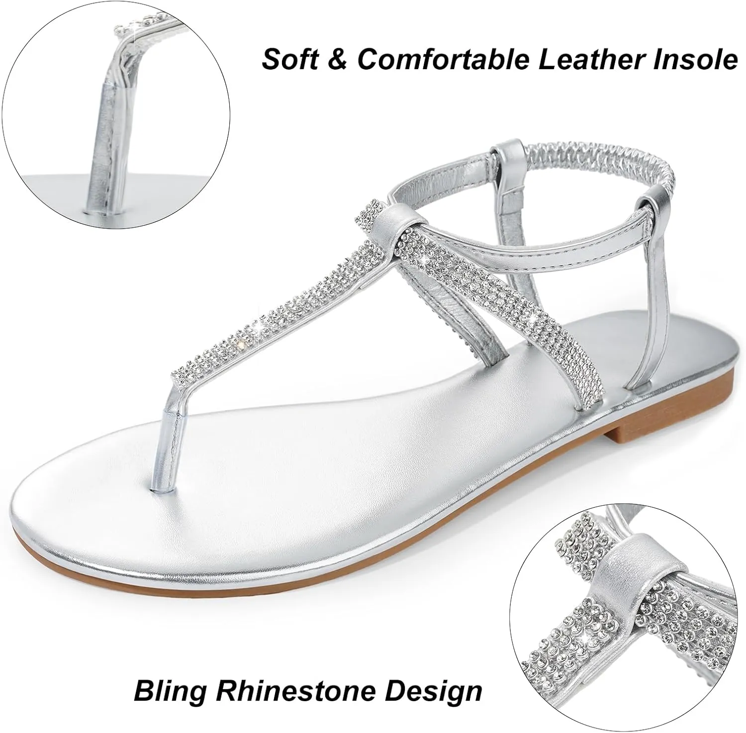 Womens Rhinestone Sandals T-Strap Crystal Flat Dressy Adjustable Ankle Thong Summer Sandals