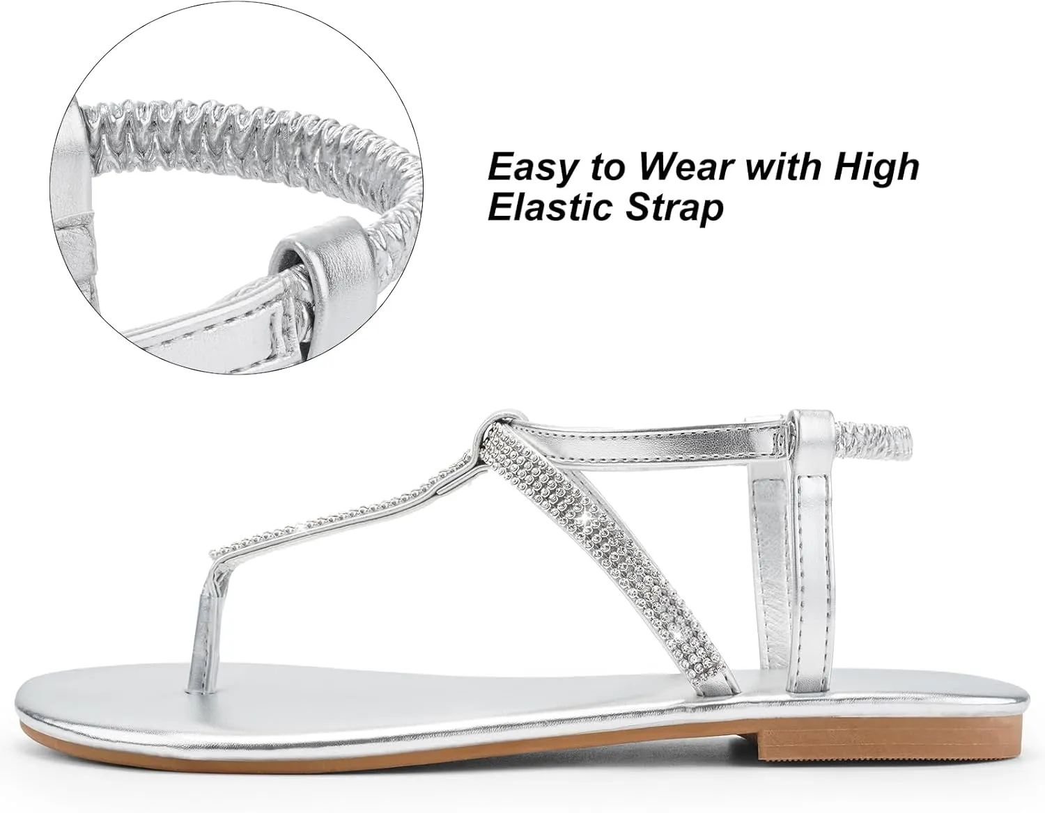 Womens Rhinestone Sandals T-Strap Crystal Flat Dressy Adjustable Ankle Thong Summer Sandals