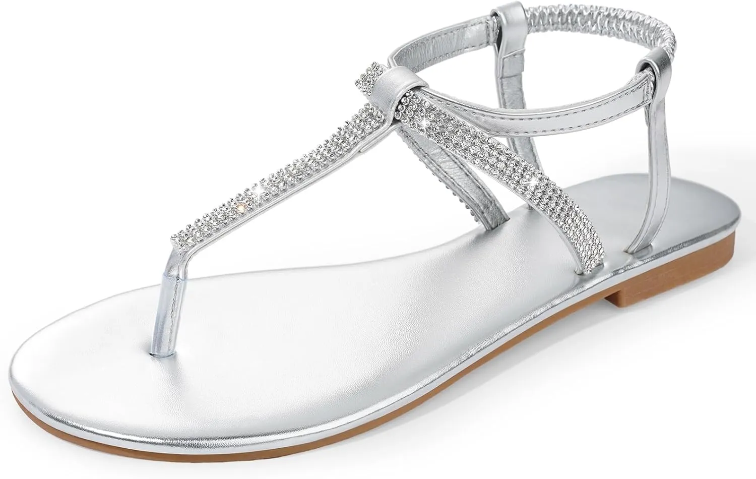 Womens Rhinestone Sandals T-Strap Crystal Flat Dressy Adjustable Ankle Thong Summer Sandals