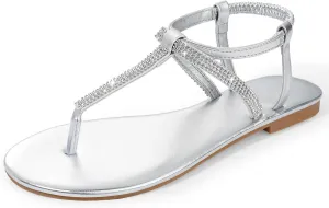 Womens Rhinestone Sandals T-Strap Crystal Flat Dressy Adjustable Ankle Thong Summer Sandals