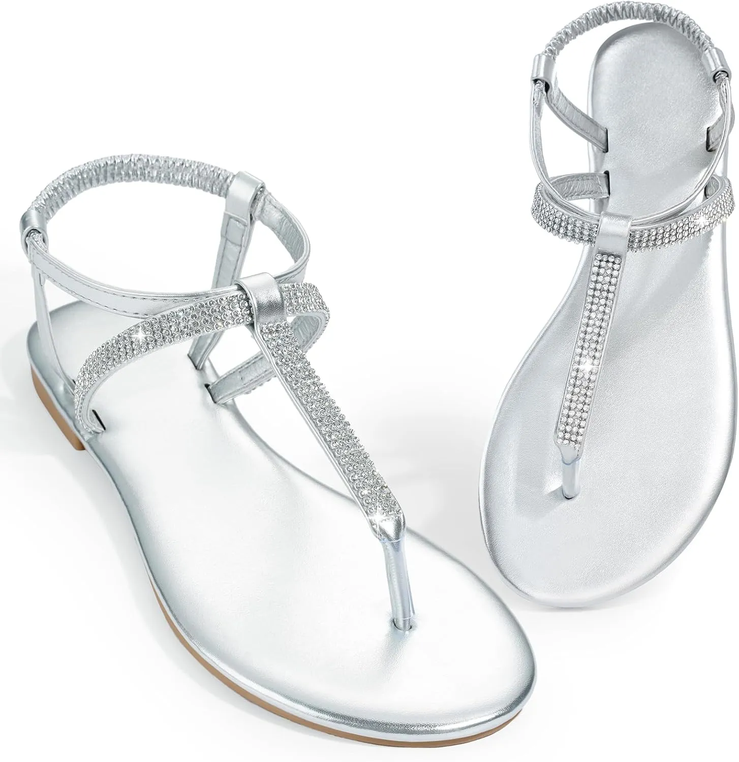 Womens Rhinestone Sandals T-Strap Crystal Flat Dressy Adjustable Ankle Thong Summer Sandals