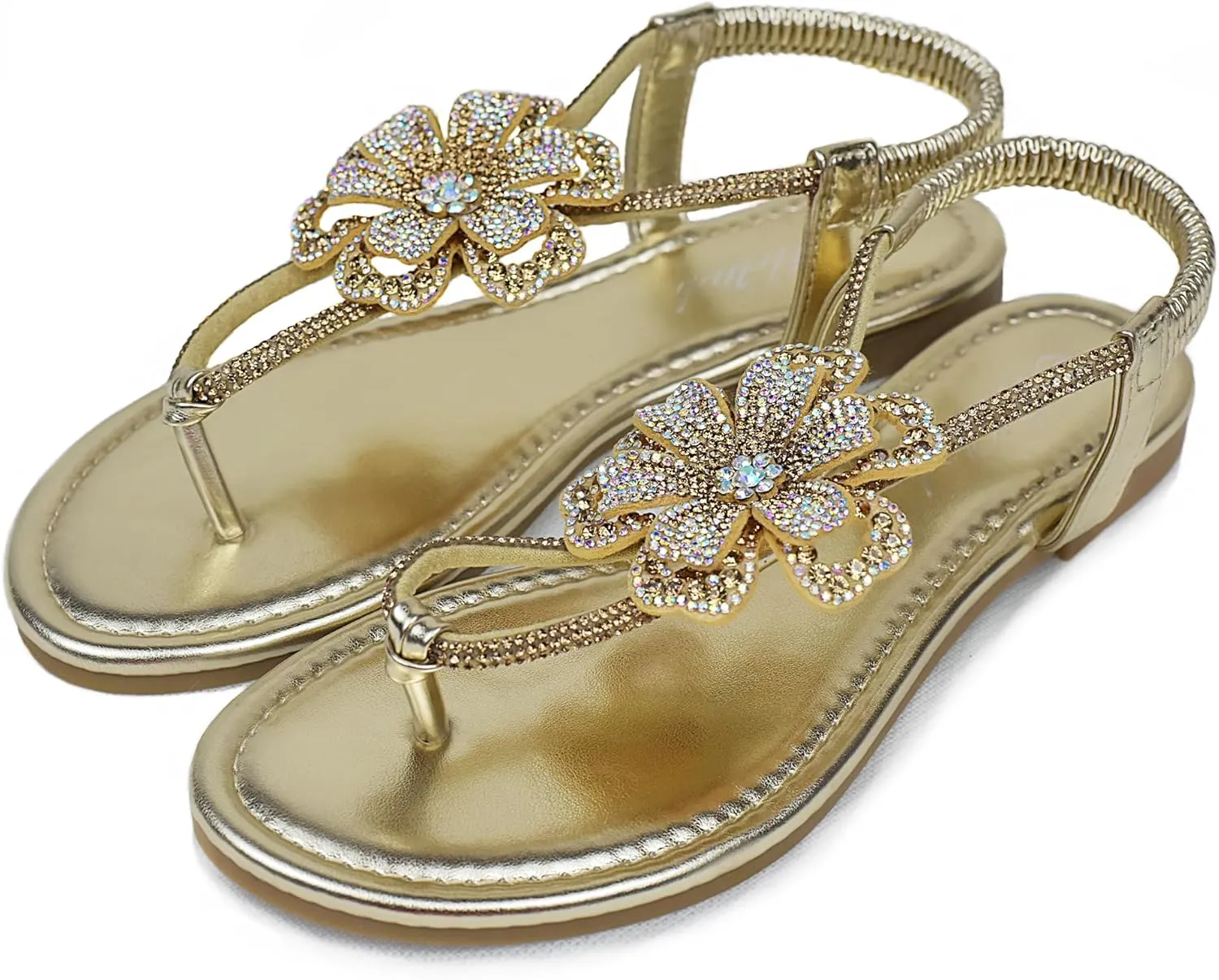 Women's Rhinestone Thong Flat Sandals T-Strap Flower Boho Wedding Dressy Sandals