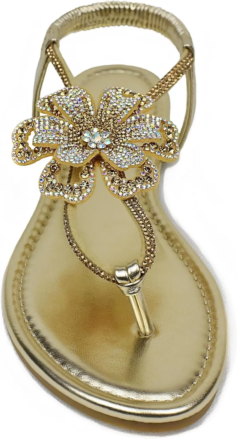 Women's Rhinestone Thong Flat Sandals T-Strap Flower Boho Wedding Dressy Sandals