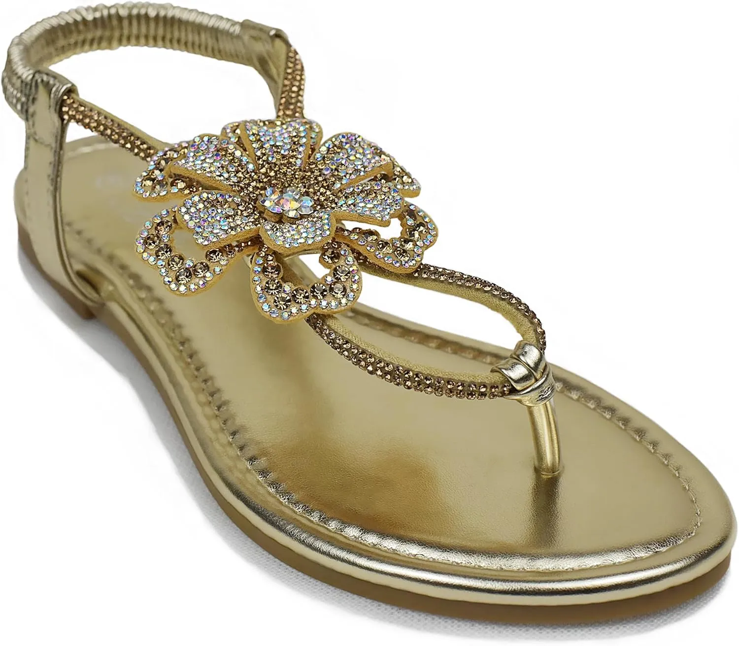 Women's Rhinestone Thong Flat Sandals T-Strap Flower Boho Wedding Dressy Sandals