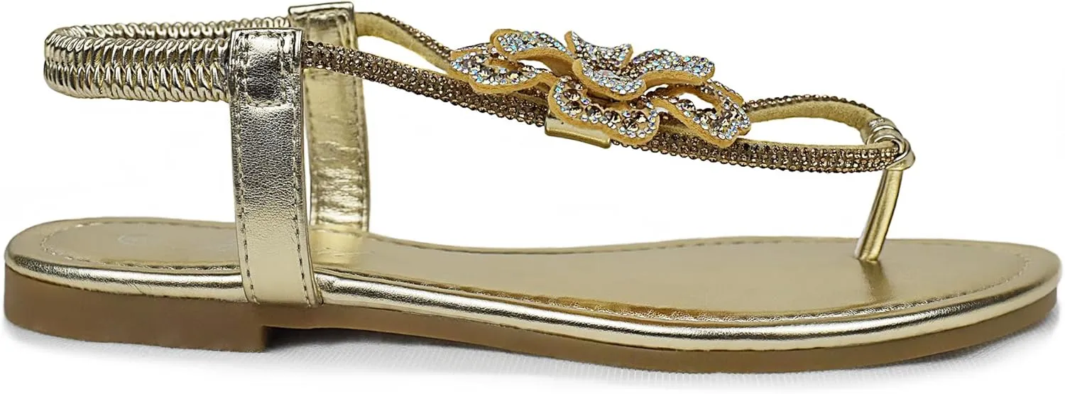 Women's Rhinestone Thong Flat Sandals T-Strap Flower Boho Wedding Dressy Sandals