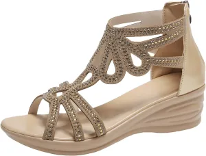Womens Rhinestone Wedge Heel Roman-Sandals Hollow Strappy High Top Sandal Summer Dressy Shoes Bohemian Sandals