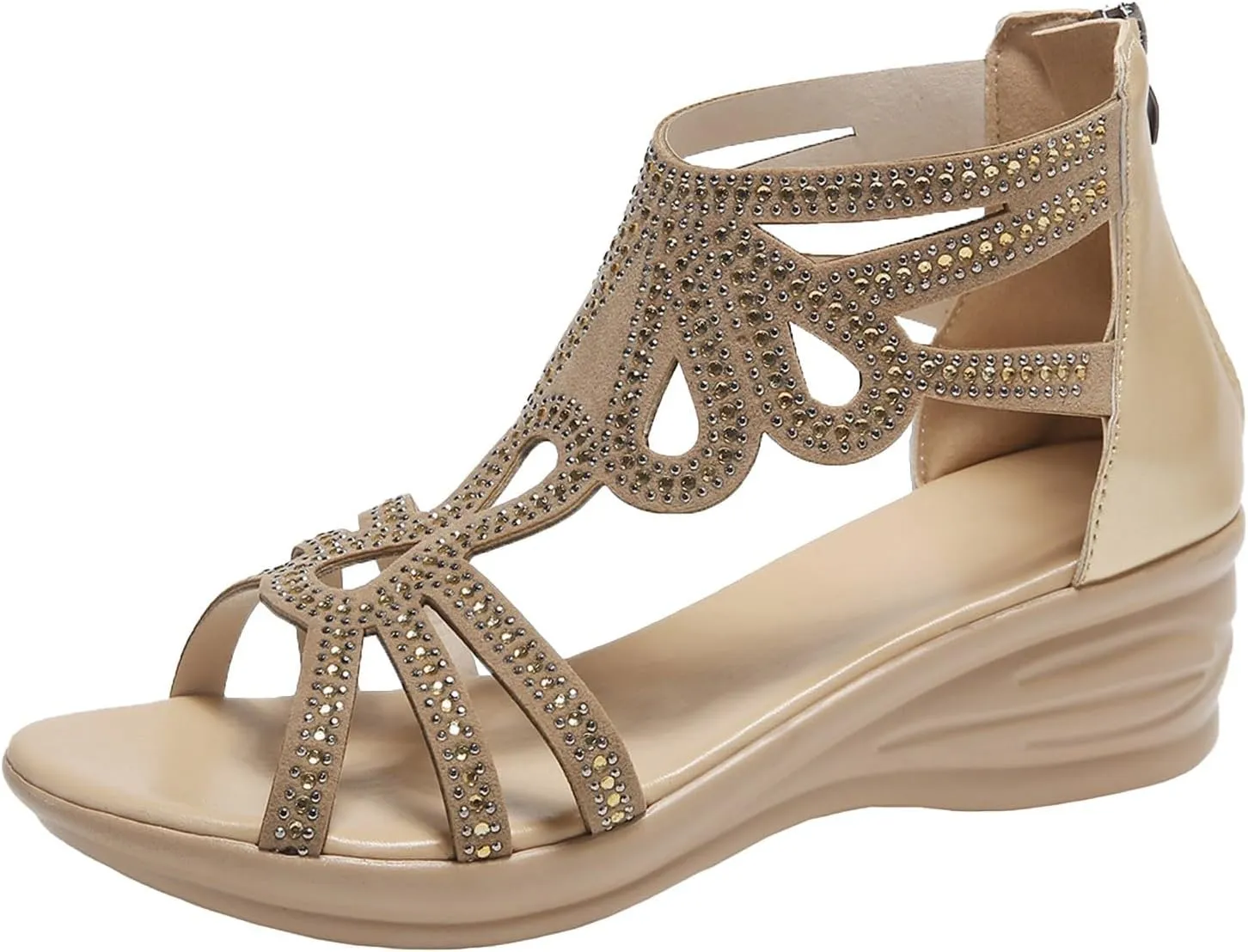 Womens Rhinestone Wedge Heel Roman-Sandals Hollow Strappy High Top Sandal Summer Dressy Shoes Bohemian Sandals