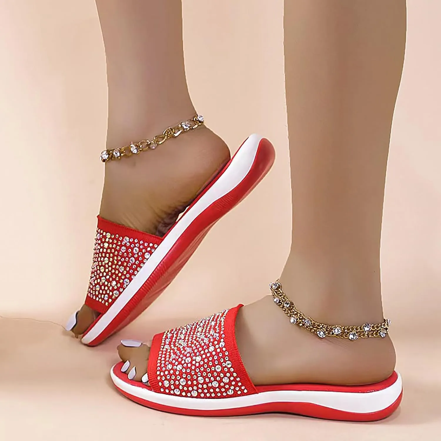 Women's Rhinestones Knit Platform Slides Sandals Fashion Comfortable Soft Bottom Open Toe Slip On Summer Walking Slippers for Indoor Outdoor Beach Party Daily Wear