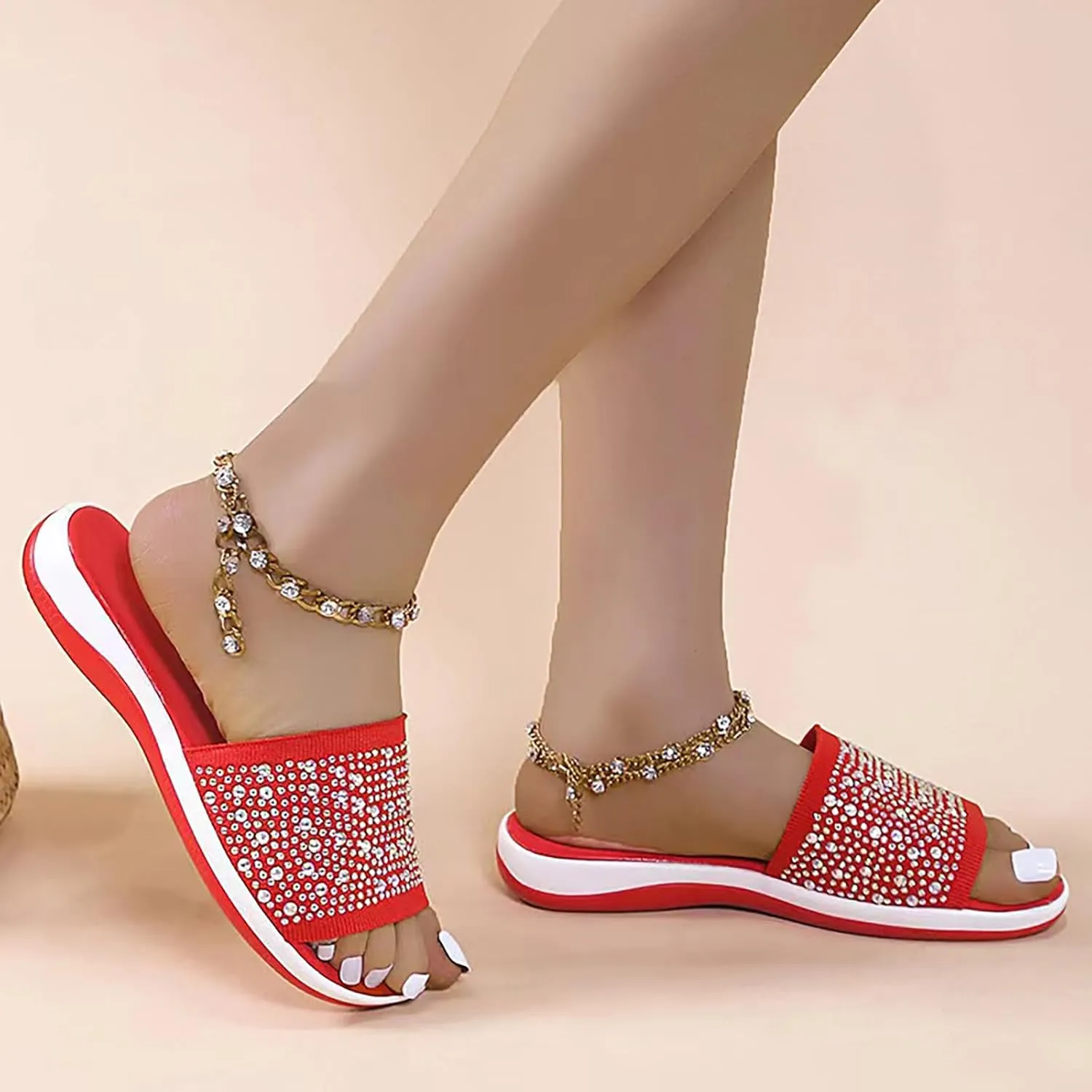 Women's Rhinestones Knit Platform Slides Sandals Fashion Comfortable Soft Bottom Open Toe Slip On Summer Walking Slippers for Indoor Outdoor Beach Party Daily Wear