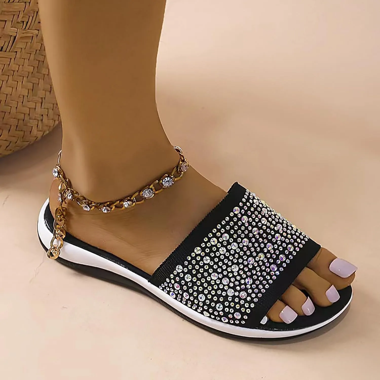 Women's Rhinestones Knit Platform Slides Sandals Fashion Comfortable Soft Bottom Open Toe Slip On Summer Walking Slippers for Indoor Outdoor Beach Party Daily Wear