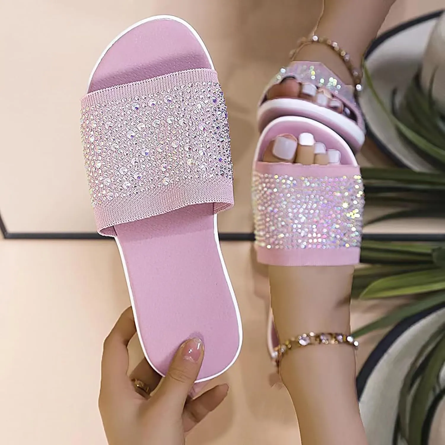 Women's Rhinestones Knit Platform Slides Sandals Fashion Comfortable Soft Bottom Open Toe Slip On Summer Walking Slippers for Indoor Outdoor Beach Party Daily Wear