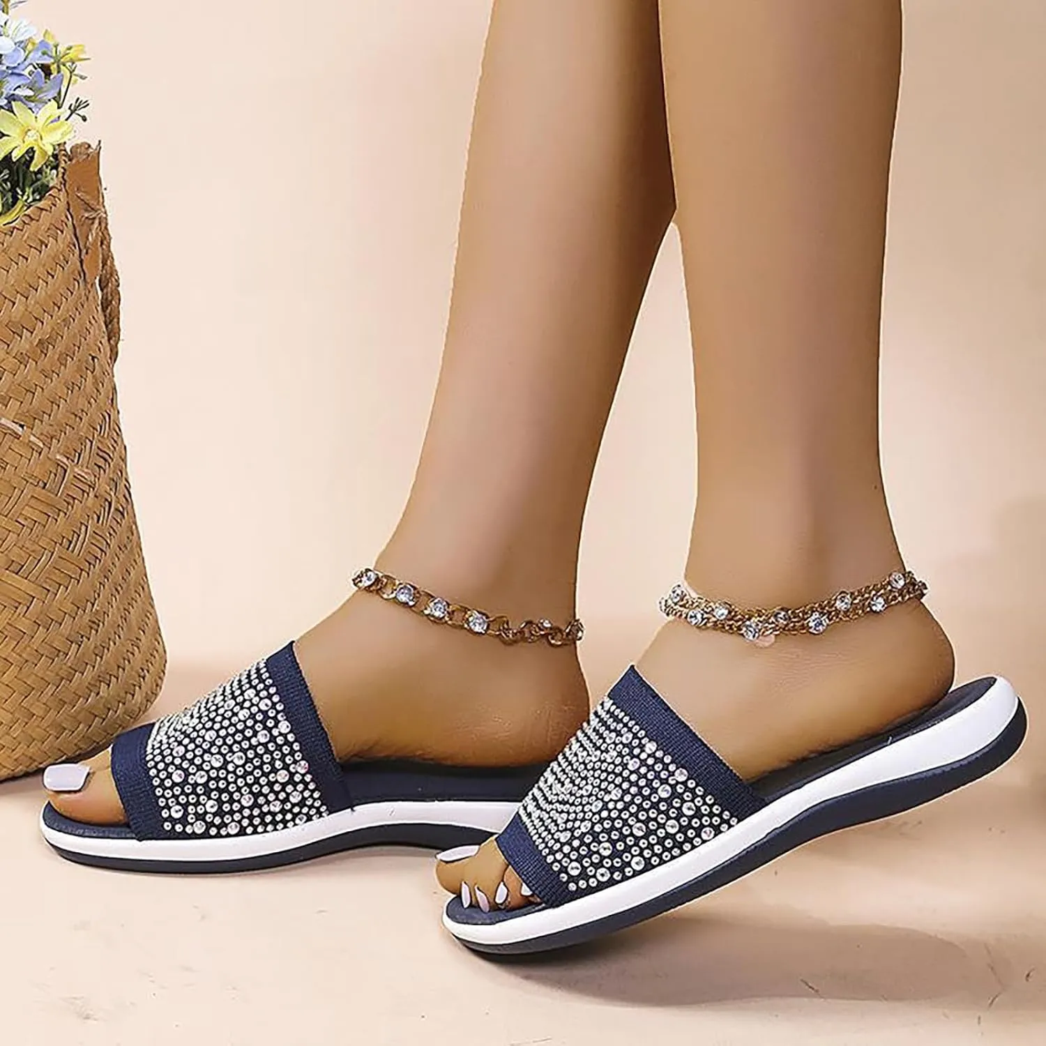 Women's Rhinestones Knit Platform Slides Sandals Fashion Comfortable Soft Bottom Open Toe Slip On Summer Walking Slippers for Indoor Outdoor Beach Party Daily Wear
