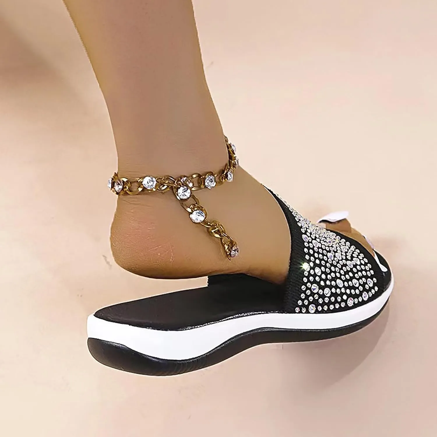 Women's Rhinestones Knit Platform Slides Sandals Fashion Comfortable Soft Bottom Open Toe Slip On Summer Walking Slippers for Indoor Outdoor Beach Party Daily Wear
