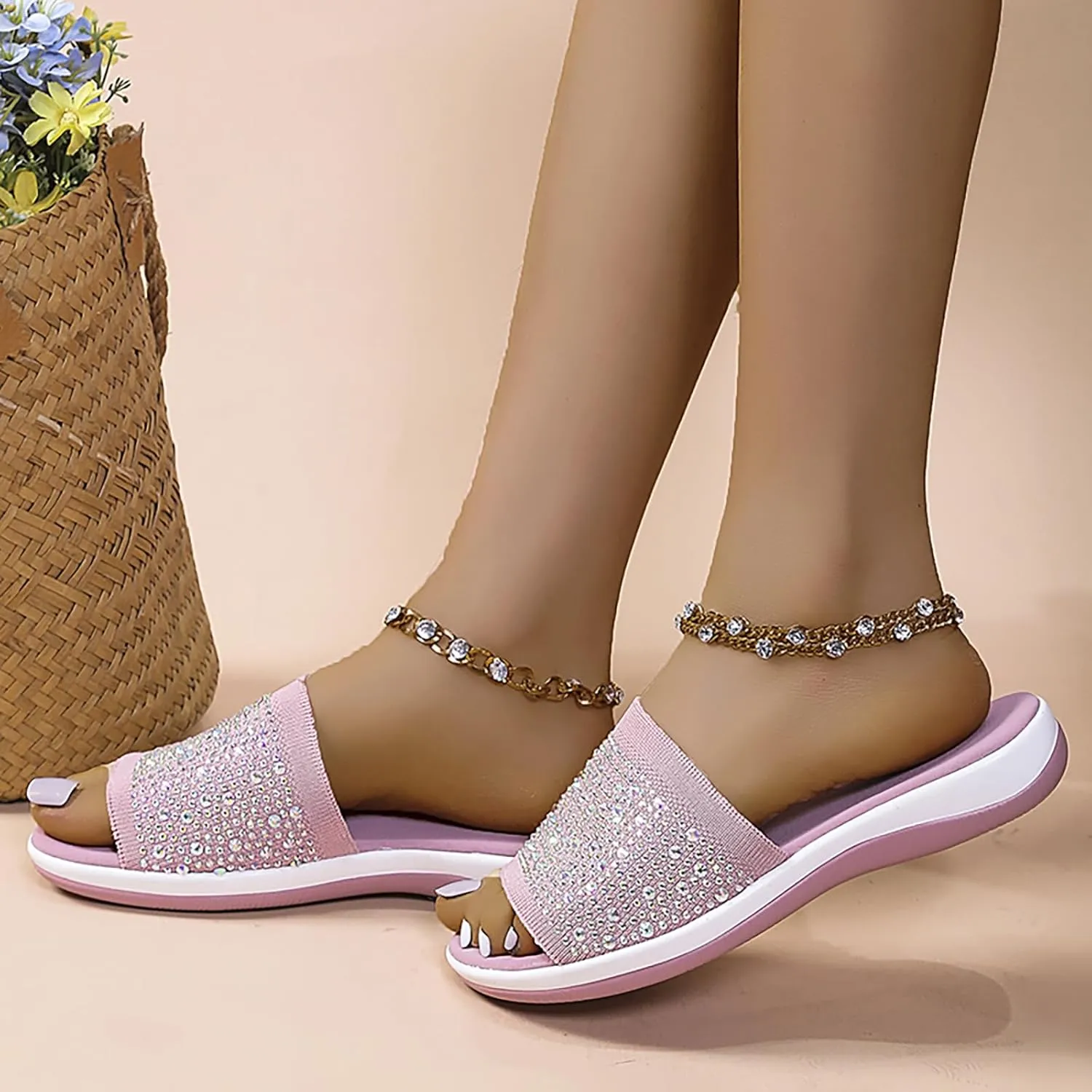 Women's Rhinestones Knit Platform Slides Sandals Fashion Comfortable Soft Bottom Open Toe Slip On Summer Walking Slippers for Indoor Outdoor Beach Party Daily Wear
