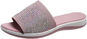 Women's Rhinestones Knit Platform Slides Sandals Fashion Comfortable Soft Bottom Open Toe Slip On Summer Walking Slippers for Indoor Outdoor Beach Party Daily Wear
