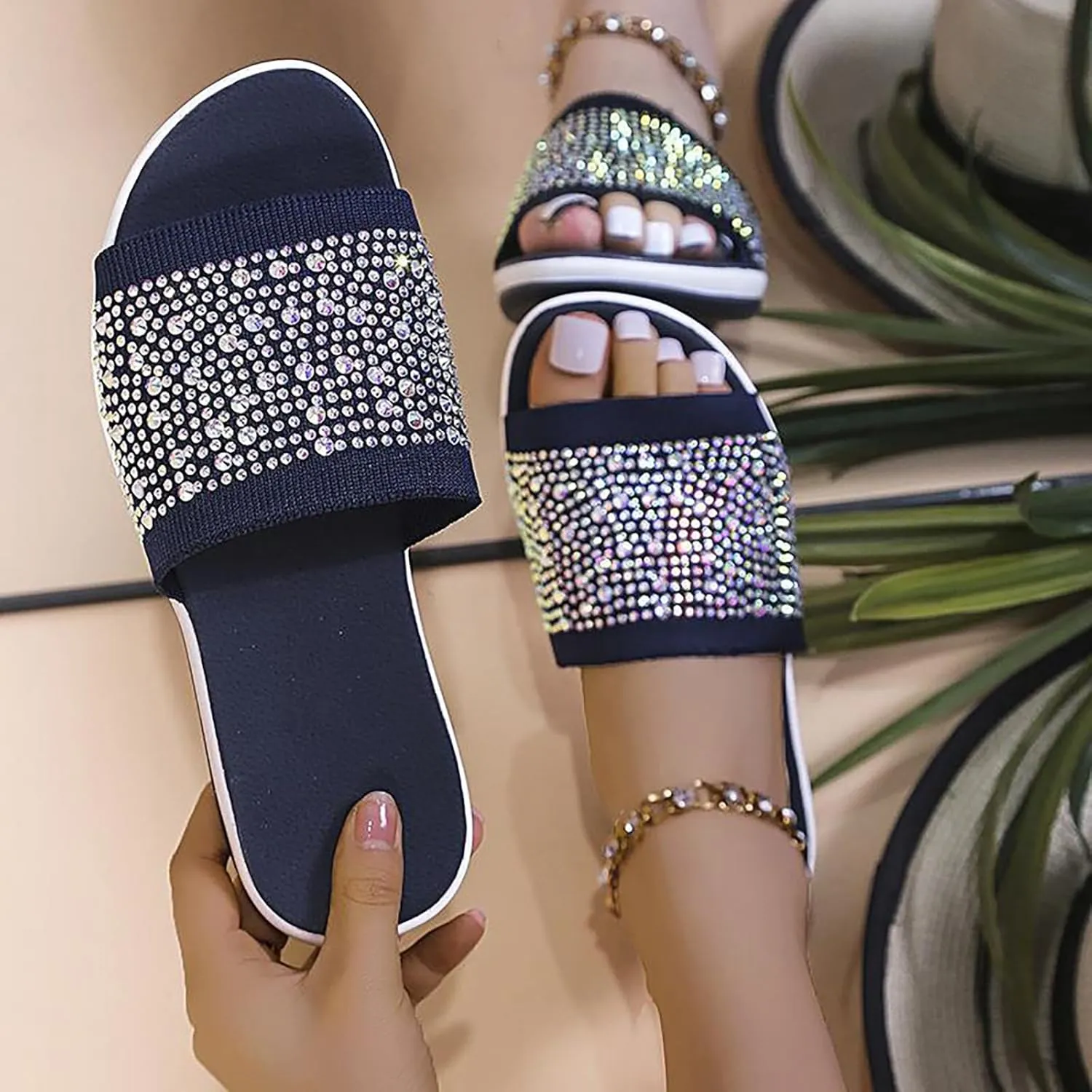 Women's Rhinestones Knit Platform Slides Sandals Fashion Comfortable Soft Bottom Open Toe Slip On Summer Walking Slippers for Indoor Outdoor Beach Party Daily Wear