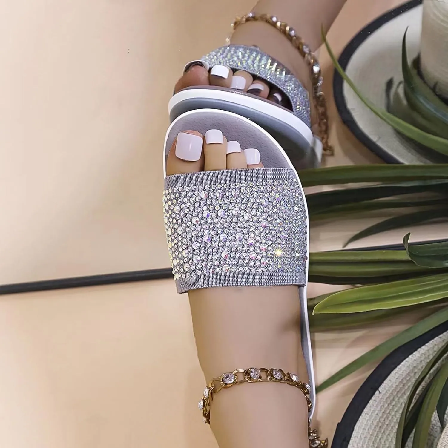 Women's Rhinestones Knit Platform Slides Sandals Fashion Comfortable Soft Bottom Open Toe Slip On Summer Walking Slippers for Indoor Outdoor Beach Party Daily Wear