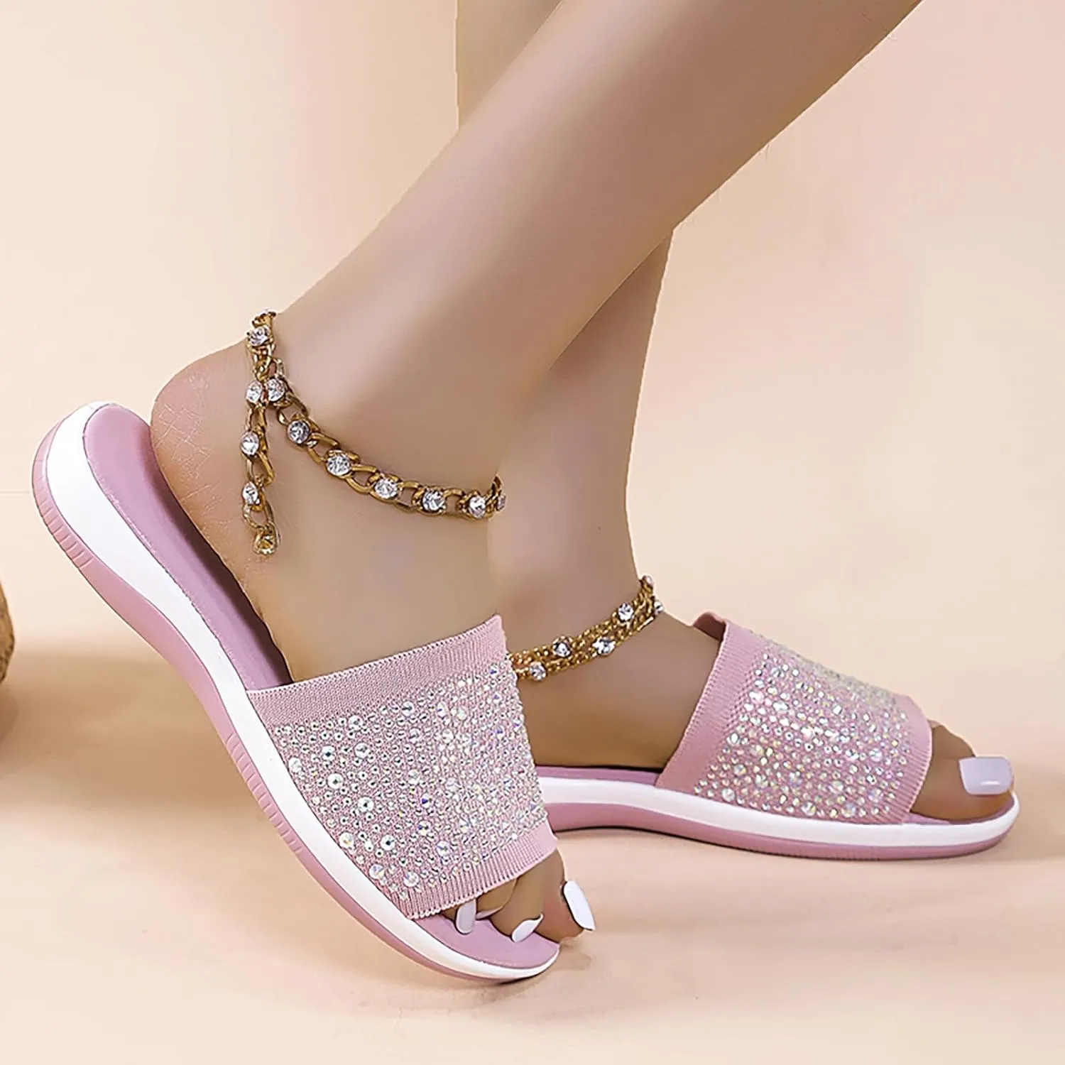 Women's Rhinestones Knit Platform Slides Sandals Fashion Comfortable Soft Bottom Open Toe Slip On Summer Walking Slippers for Indoor Outdoor Beach Party Daily Wear